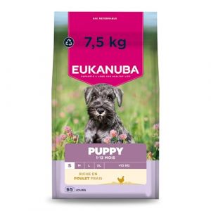 Eukanuba Life Care Croquettes Chiots Petite Race 1à 12 Mois, Riche en Poulet Frais, Croissance optimale - DHA, Calcium, Oméga 3&6, prébiotiques FOS, sans colorants, arômes artificiels ni OGM – 7,5 kg