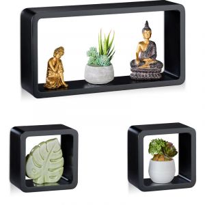 Image de Relaxdays 10021884_46 Étagère suspendue lot de 3 support mural flottant meuble rangement bois MDF tablette, noir, Panneau de fibre de densité moyenne, 10 x 42,5 x 21,5 cm