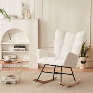 Fauteuil à bascule allaitement scandinave, Rocking chair avec dossier haut et accoudoirs, blanc