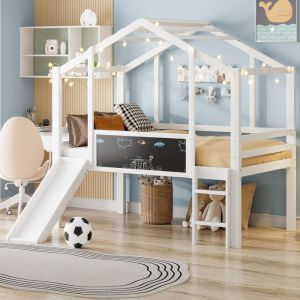 KoDise Lit mezzanine 90x200 cm Lit enfant avec échelle et toboggan planche à dessin - blanc - sans matelas