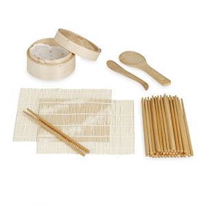 Image de Relaxdays Kit à sushis, 2 nattes, cuiseur-Vapeur, 20 Paires de Baguettes, cuillère à Riz, spatule, Set, Nature