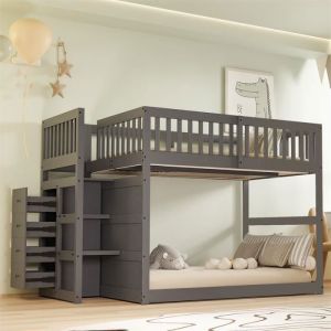 Lit superposé 140x200cm - lit enfant bas avec compartiment de rangement, 1x sommier à lattes, haut-clôture - en bois gris