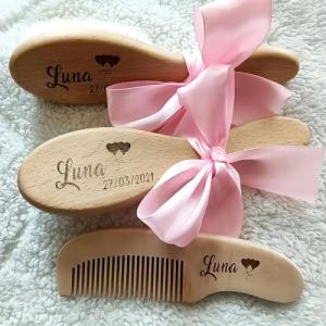 Lot De 3 Brosses A Cheveux Personnalisees For Bebe, Brosse Et Peigne En Bois, Brosse De Massage De Tete For Bebe, Nouveau-Ne Bapteme