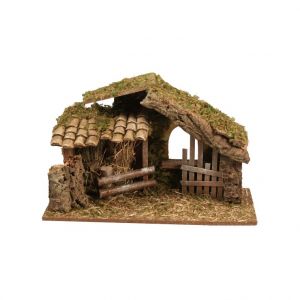 Crèche vide en bois et liège avec tuiles et barrière 42 x 18 x 28 cm