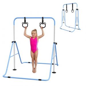 Homcom Barre de gymnastique pour enfants barre horizontale pliable à hauteur réglable avec anneaux de gymnastique bleu