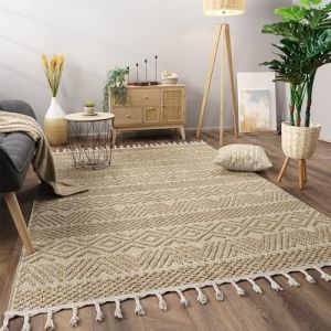 Tapis Salon Chambre Adulte Poils Ras Motif Boho Motif Scandinave Franges 120x160 cm, Naturelle - Paco Home