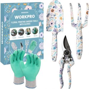 Ensemble d'Outils de Jardinage 4 Pièces, Outils en Acier Inoxydable avec Gants, Sécateur, Truelle de Jardin, Râteau à Main, Idéal pour Taille et