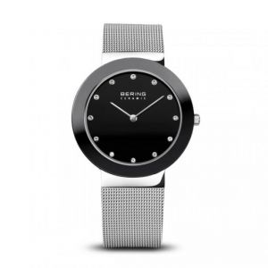 Bering Montre 11435-002 - Boîtier acier brillant cadran noir avec index Swarovski lunette créamique noir bracelet acier milanais Femme
