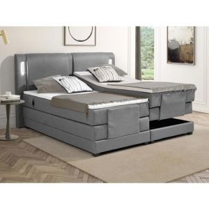 Ensemble complet boxspring tête de lit avec leds + sommiers relaxation électrique + matelas + surmatelas - 2 x 80 x 200 cm - Tissu - Gris clair - ASTEMI de PALACIO