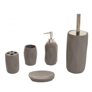 Décoshop26 Ensemble de salle de bain 5 pièces brosse à dents savon porte-brosse wc accessoires en céramique gris