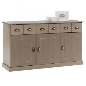 Image de Idimex Buffet PARIS commode bahut vaisselier avec 3 portes battantes et 3 tiroirs pin massif lasuré taupe