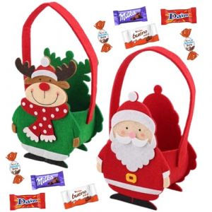 3 paniers feutrine Renne, Père Noël accompagnés d'un assortiment de chocolats de Noël et papillotes