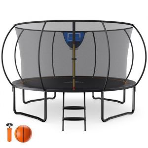 Merach - Trampoline de Jardin ø 427 cm, Rebond Puissant, Filet de Sécurité, Panier de Basket, Charge 150 kg, Ballon Inclus,14 ft