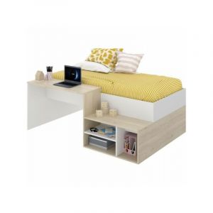 Lit combiné enfant KRIC Chene naturel et Bureau et rangement 90 190 cm Blanc
