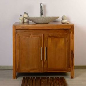 Saniteck - Ensemble meuble vasque 90 cm en teck naturel avec miroir de salle de bain Taille - Meuble+miroir - sans vasque