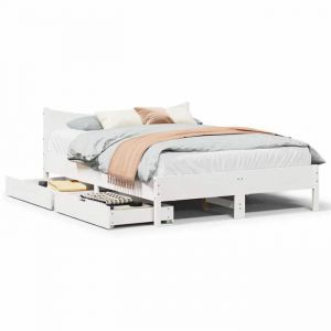 VidaXL Cadre de lit avec tiroirs blanc 160x200 cm bois massif de pin, sommier, cadre de lit double, cadre de lit en bois massif
