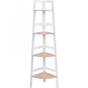 Etagère d'angle meuble d'angle à 4 niveaux bibliothèque support de plantes en MDF, 32x32x138cm, blanc-naturel 20_0002780