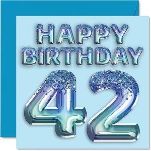 Carte d'anniversaire 42e anniversaire pour homme – Ballon de fête bleu à paillettes – Cartes d'anniversaire pour homme de 42 ans, ami, papa, frère, oncle, cousin, 145 mm x 145 mm, cartes de vœux