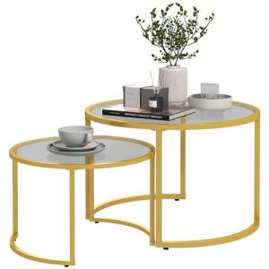 Homcom Lot de 2 tables basses gigognes rondes style art déco - acier doré verre trempé 5 mm