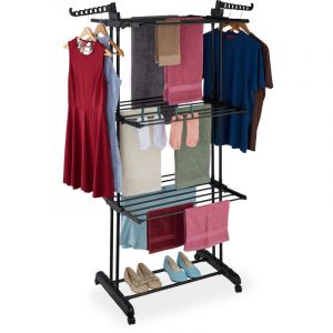 Relaxdays Étendoir à Linge Vertical, Extensible Pliable à Tour avec Roues LP: 179 x 126 x 63,5 cm, en Fer et PP, Noir