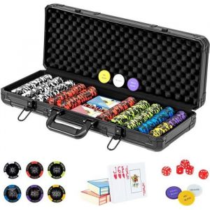 Image de Costway Mallette De Poker En Aluminium - 500 Jetons - 2 Jeux De Cartes - 5 Dés Et 3 Dealer, Coffret De Poker Noir