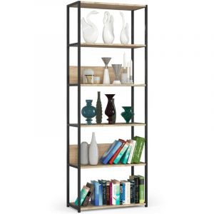Bibliotheque murale industrielle Noire 70 cm façade Chêne Sonoma 6 étagères 70x32x192 cm