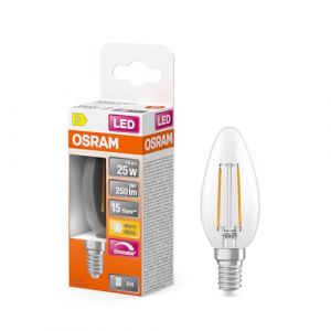 Osram Lampe LED Superstar B25 &agrave; filament en forme de bougie, intensit&eacute; variable, blanc chaud 2 700 K, 1,8 W, E14, transparente, 250 lm, 15 000 h, pour lustres et lampes de chevet