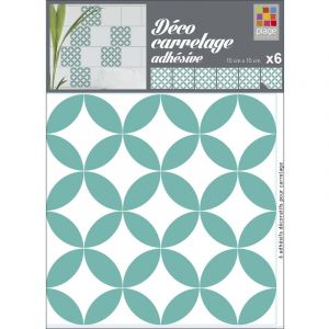 Plage Sticker carrelage adhésif décoratif autocollant, carreaux style céramique, ronds turquoise losanges blancs, x6, 15 cm x 15 cm - Vert