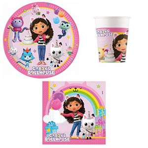 Procos PRO10245291DY - Set de fête S Gabby's Dollhouse, set de 52 pièces, assiettes, gobelets, serviettes, vaisselle jetable, set de vaisselle