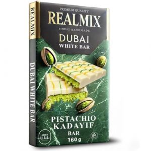 REALMIX Chocolat Blanc V&eacute;ritable chocolat blanc garni de pistaches et kada&iuml;f croustillant Fabriqu&eacute; &agrave; Duba&iuml; U.A.E. 160g