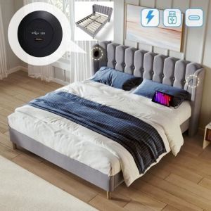Lit Double 160x200cm Lit 2 Personnes avec Fonction De Chargement USB Type C Sommier &agrave; Lattes Lit Adulte,Gris