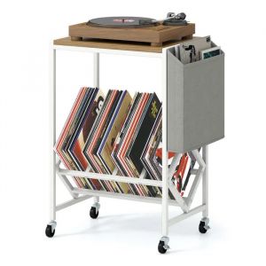 COSTWAY Support de Stockage de Disques Vinyles avec Poche, 4 Roulettes, Cadre en M&eacute;tal, pour Salle de Musique Salon, Naturel