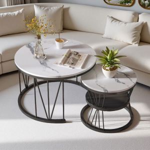 Table Basse Gigogne Ronde - Marbre Blanc & Support en V Noir - 2 Pi&egrave;ces - Design Contemporain