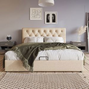 Lit coffre - MODERNLUXE - 160x200cm - Sommier &agrave; lattes m&eacute;talliques - Espace de rangement - Beige