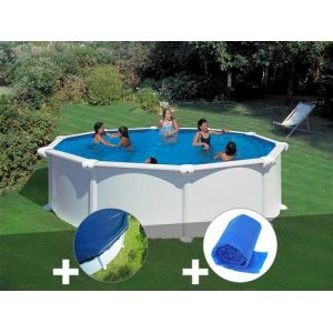 Gre Kit piscine acier blanc Atlantis ronde 4,80 x 1,32 m + Bâche hiver + Bâche à bulles