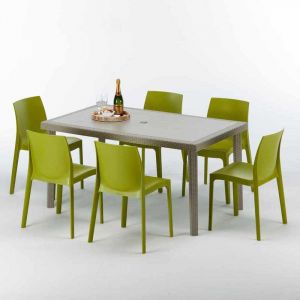 Grand Soleil Table rectangulaire et 6 chaises Poly rotin resine ensemble bar cafè exterieur 150x90 Beige | Rome Anis vert