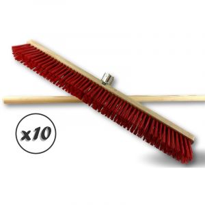 Kibros Balai d'atelier Type cantonnier | Lot de 10 | Piste Extérieur | Longueur 80 cm | Garnissage Brosse PVC Rouge | Semelle Bois | Douille métal boulonnée Ø 28 mm | avec Manche | 2380BMx10