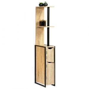 Colonne Meuble Wc Salle de Bain 2 Portes en Bois Design Industriel Marron 3 Etagères Toilettes