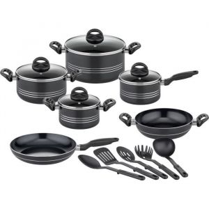 GSW Milano Nero Lot de 15 casseroles de qualité supérieure pour induction, céramique et gaz, revêtement antiadhésif, casseroles avec couvercle en verre et ustensiles de cuisine, casseroles et poêles