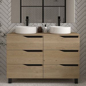 Meuble de salle de bain 120 avec plateau et 2 vasques à poser - sans miroir - 6 tiroirs - madera miel (bois clair) - mata