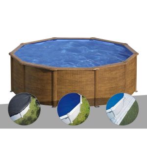 Gre Kit piscine acier aspect bois Pacific ronde 4,80 x 1,22 m + Bâche d'hivernage + Bâche à bulles + Tapis de sol