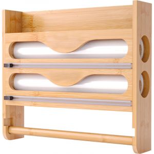 Relaxdays Support mural 3 en 1 pour essuie-tout, film alimentaire, papier aluminium, bambou, H x L x P : 27 x 35 x 7 cm.