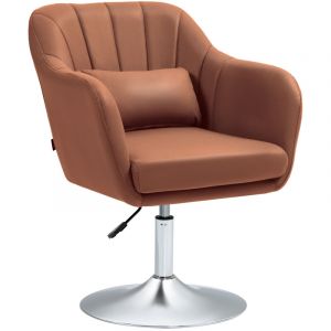 Homcom Fauteuil lounge design grand confort coussins lombaires hauteur réglable pivotant 360° piètement métal chromé lin marron