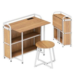 Bureau pliable avec tabouret 90 x 55 x 83 cm station d'alimentation int&eacute;gr&eacute;e ergonomique style rustique en bois marron Helloshop26 20_0010938