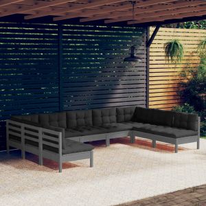 VidaXL Salon de jardin 9 pcs avec coussins Gris bois de pin solide, tissu (100 % polyester), 63.5 x 63.5 x 62.5 cm, Gris, Anthracite