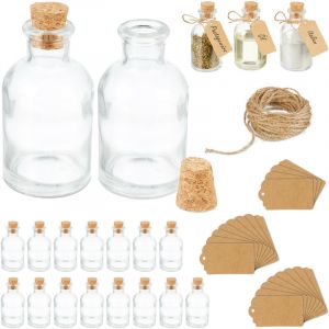 Relaxdays Mini Bouteilles, Lot de 20, Petites fioles, Bouchon de liège, 60 ML, Mariage, épices, Transparent/Nature