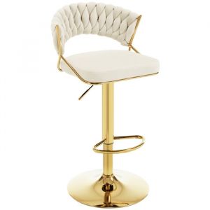 Woltu - Tabouret de Bar en Velours et Métal Tabouret Pivotant avec Dossier Tissé et Repose-Pieds, Hauteur Réglable, Crème