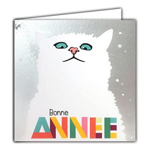 AFIE 23042 Carte Carrée Argentée Brillante Bonne Année Meilleurs Vœux Chat Blanc Neige Flocons Fêtes de fin d'année - Avec Enveloppe Blanche