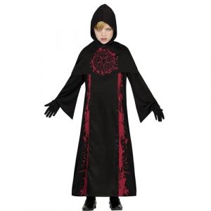 Image de FIESTAS GUIRCA Costume de Magicien Sombre - Tunique Noire de Prêtre Satanique avec Capuche - Déguisement d'Halloween pour Garçons 5-6 Ans