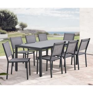 Ensemble repas de jardin : Table 180 cm + 8 chaises - Structure aluminium - Plateau verre tremp&eacute; - Gris
